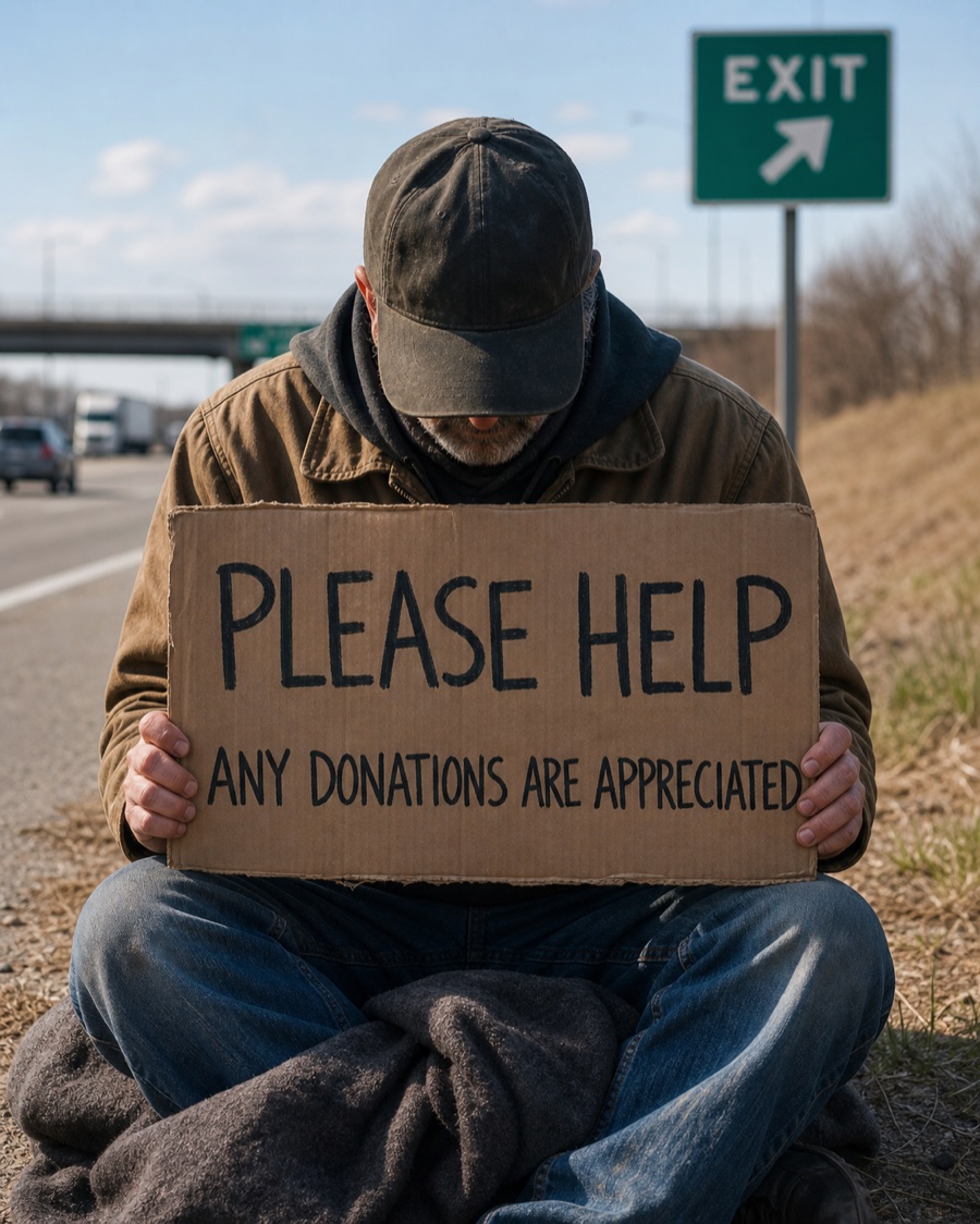 Veteran holding a sign asking for support